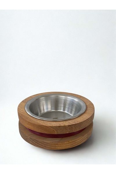 Fitline Natural Wooden Food or Water Bowl Single Dark Burgundy Striped