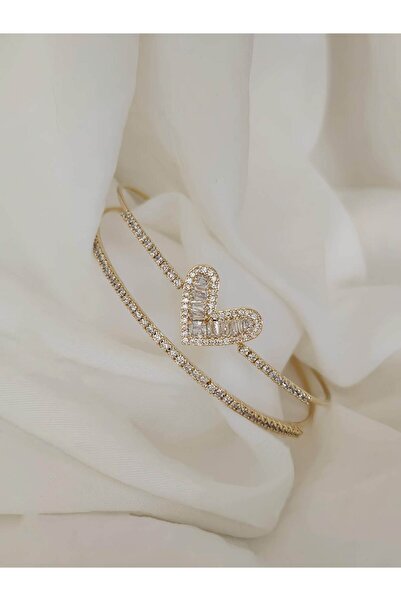 Eva Takı Store Heart Two Row Model Gold Color Steel Adjustable Bracelet Handc...