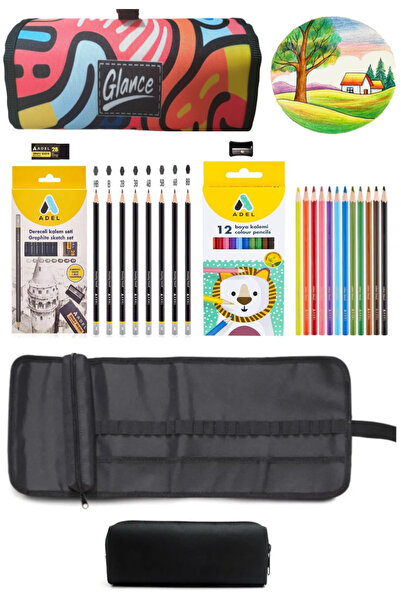 arttone حامل أقلام رصاص من القماش ذو نمط ملون مكون من 24 قسمًا + مجموعة أقلام...