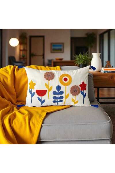 LUWİNO HOME Punch Embroidered Pompom Rectangular Throw Pillow Case 2 Pieces Duck Fabric 35X55 cm