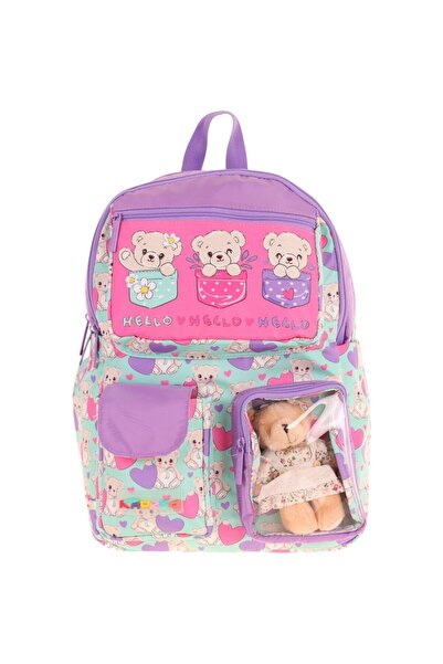 KAUKKO Kız Çocuk Peluş Ayıcıklı İlkokul Okul Sırt Çantası - Yeşil Mor - L5239