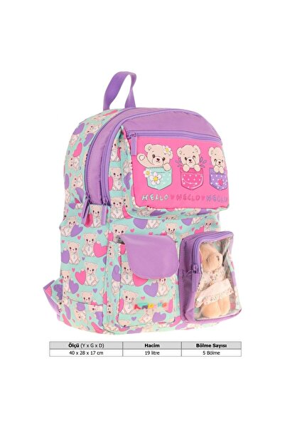KAUKKO Kız Çocuk Peluş Ayıcıklı İlkokul Okul Sırt Çantası - Yeşil Mor - L5239