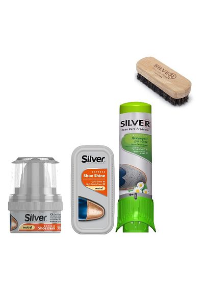 Silver Leather care kit, colorless, cream, brush, sponge, Silver deodorant.