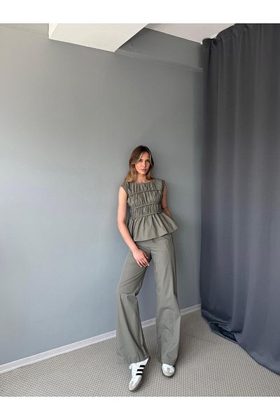 AlisaSu Khaki Kat Designed Gathered Detail Blouse Pants Set
