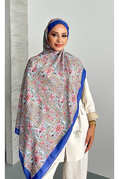 Stella Eşarp Patch Ethnic Patterned Blue Color Soft Cotton Colorful Shawl