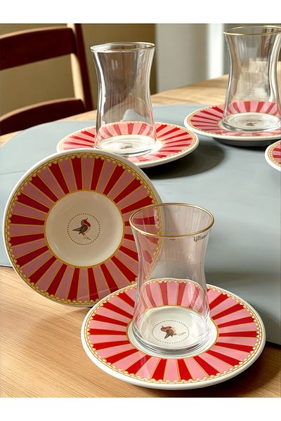 Yumuk Shop 24 Piece Pink Bird Gold Gilded Tea Set for 12 People