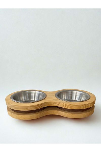 Fitline Natural Wooden Food or Water Bowl with Double Coffee Stripes