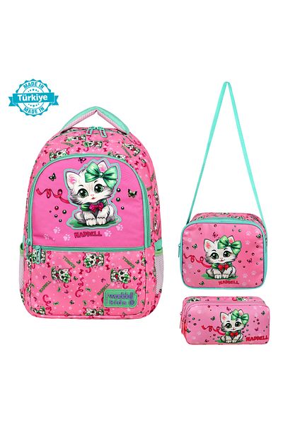 WMİLANO Licensed Pink Cat Patterned Primary School Backpack, Lunchbox and 2 Pocket Pen Holder