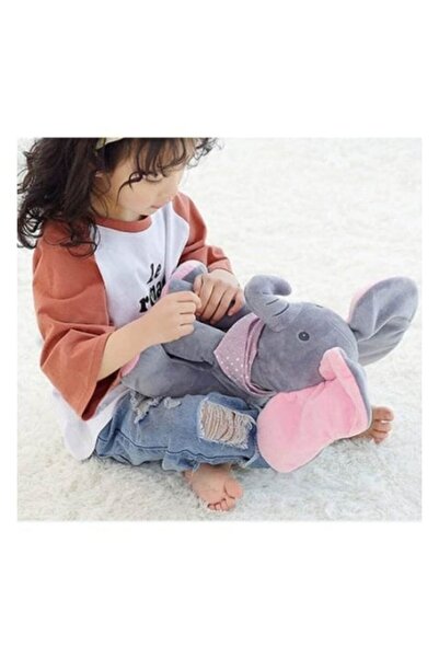 OEM Jucărie interactivă, Elefantul Peekaboo, cântă și vorbește în limba română, gri/roz, 35 cm