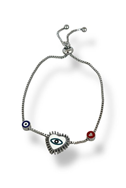 TAKIŞTIR Silver Color Heart Figured Eye Detailed Steel Bracelet