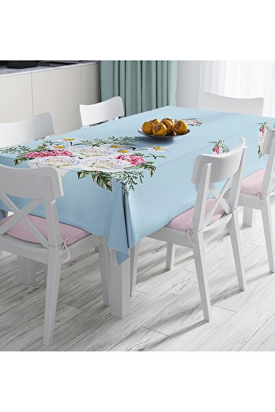 Realhomes مجموعة ورود وشايلايت على خلفية زرقاء، مفرش طاولة وغطاء طاولة مقاوم للبقع، مطبوع رقميًا