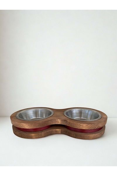 Fitline Natural Wooden Food or Water Bowl with Double Dark Burgundy Stripes