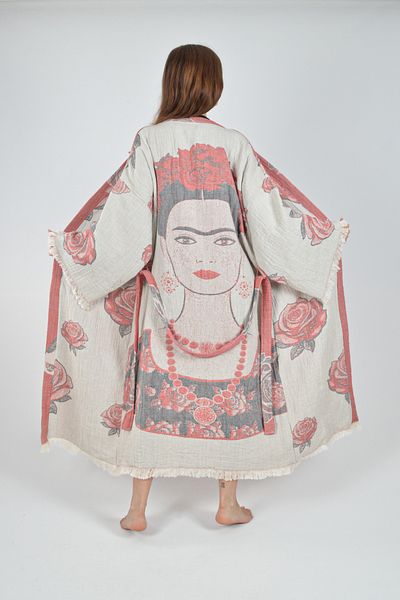 REİNA TEKS Kimono Kaftan Frida Kahlo 1 Piece Bohemian Bathrobe Unisex Jacquard Muslin Fabric