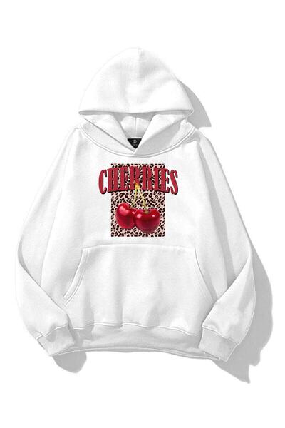 Trendiz Kadın Cherries Leopar Sweatshirt Beyaz