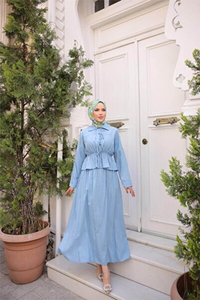 Bwest Shirt Collar Gathered, Lace-Up Short Tunic Flowing Skirt Set - (38-46) - 71291 - Indigo