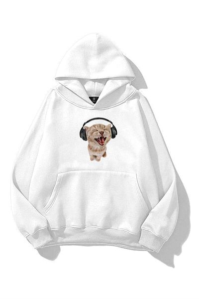 Trendiz Unisex Headphone Cat Sweatshirt White