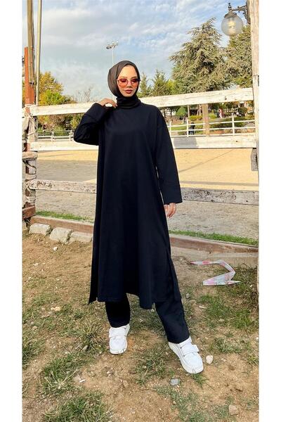Bwest O Neck Split Long Wide Casual Tunic Pants Plain Basic Sports Set - 03040-1.003 - Black