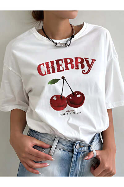 Tarzsokak Imprimeu alb cu cireșe de vară, alb casual, versatil, cu gât rotund