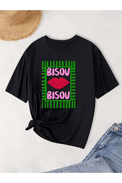 Tarzsokak Negru cu dungi verzi Buze cu dungi Imprimat cu litere Decolteu rotu...