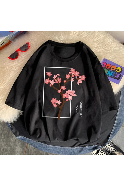 Tarzsokak Tricou negru cu flori de cireș, cu imprimeu retro original, cu desi...