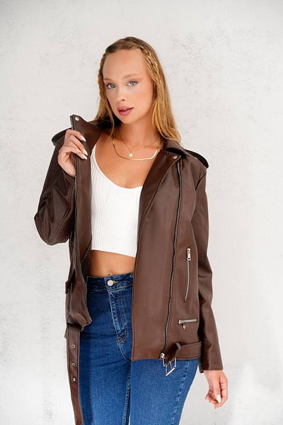 MEYASU Women's Brown Belted Oversize Long Leather Jacket