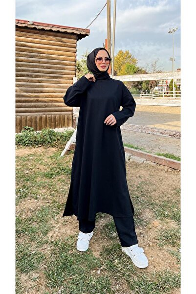 Bwest O Neck Split Long Wide Casual Tunic Pants Plain Basic Sports Set - 03040-1.003 - Black