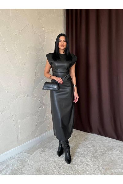 369 etnik butik Faux Leather Sleeveless Shoulder Detailed Black Midi Dress Without Slits