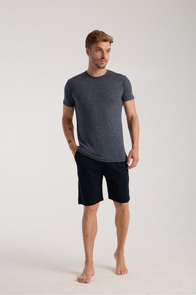 Akbeniz Men's Navy Blue Crew Neck Short Sleeve Shorts Pajama Set