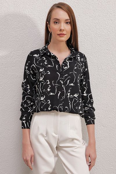 Merterium Women's Patterned Viscose Shirt E.Black 1071