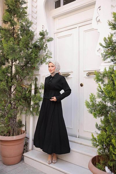 Bwest Shirt Collar Gathered, Lace-Up Short Tunic Flowing Skirt Set - (38-46) - 71291 - Black