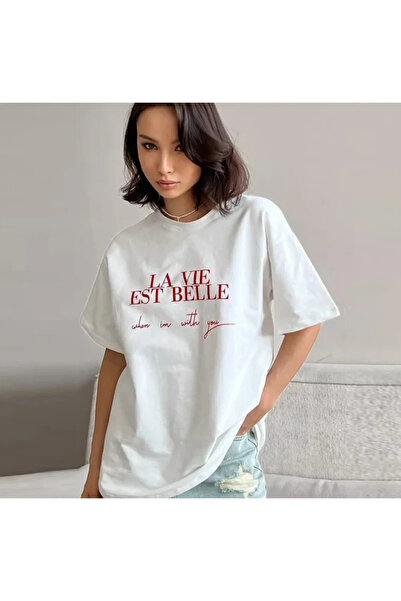 Tarzsokak Tricou alb, elegant, cu imprimeu cu litere, cu decolteu O, cu jumăt...