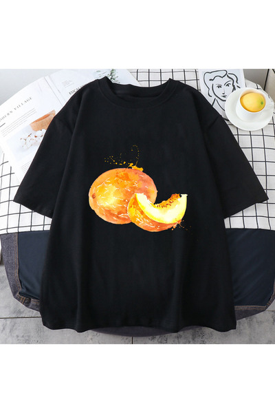 Tarzsokak Tricouri cu imprimeu cu fructe negre, rodie și pepene galben, cu gâ...