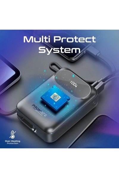 Promate بنك طاقة فائق السرعة 35 واط صغير الحجم بسعة 20000 مللي أمبير/ساعة مع كابل USB-C وLightning مدمج