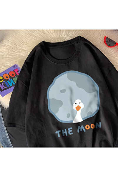 Tarzsokak Черна гъска на гърба луна карикатура принтирани свободни о-neck мек...