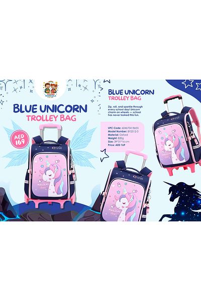 esabela Trolley Bag for Kids, Bag for School, Lightweight Water-proof, Trolley Bag Dark Blue Unicorn
