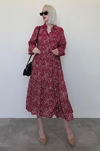 Madmext Burgundy Long Sleeve Buttoned Patterned Dress Mg2431