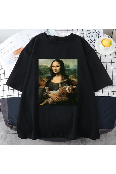 Tarzsokak Tricou negru amuzant cu imprimeu Mona Lisa și pisica, tricou de var...