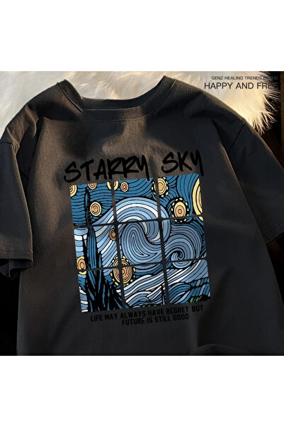 Tarzsokak ملابس سوداء مرصعة بالنجوم والسماء الزرقاء وقمصان فضفاضة إبداعية T
