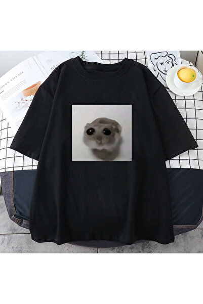 Tarzsokak Черна тениска с тъжен хамстер, забавен карикатурен принт, лятна