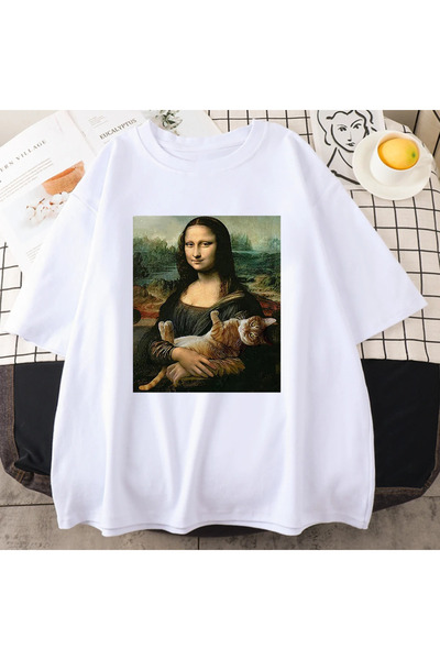 Tarzsokak Tricou alb amuzant cu imprimeu Mona Lisa și pisica, de vară, lejer,...