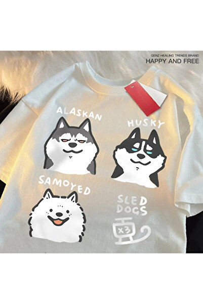 Tarzsokak Albăstruiește-te în alb cu imprimeu cu câini Husky alaskan și Samoy...