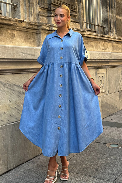 VAGGON Women's Light Blue Short Sleeve Button Detail Midi Length Shirt Dress Vs00735