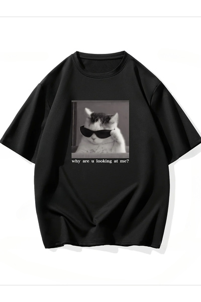 Tarzsokak أسود لماذا تنظر إليّ، طباعة قطة مضحكة، قماش فضفاض كاجوال للربيع والصيف