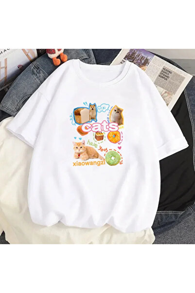 Tarzsokak Tricou cu grafică albă cu desene animate și pisică drăguță, imprime...