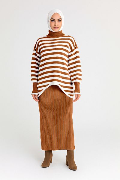 Sonbaharmoda Top Sweater Striped Bottom Dress Knitwear Set – Two Pieces – Modern & Comfortable
