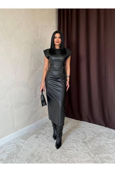 369 etnik butik Faux Leather Sleeveless Shoulder Detailed Black Midi Dress Without Slits