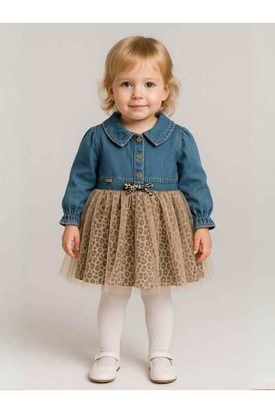 Zekids Baby Girl Leopard Patterned Tulle Denim Dress