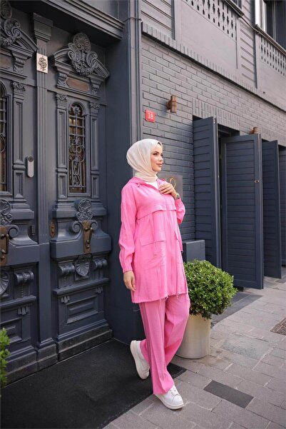 Bwest Short Double Hijab Tracksuit Set with Zippered Hooded Pocket - (38-46) - 71280 - Fuchsia