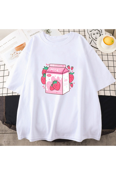 Tarzsokak Imprimeu cu desene animate cu lapte de căpșuni albe - cămașă moale,...