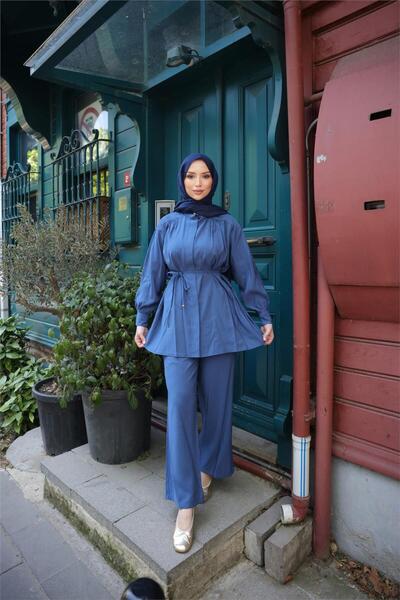 Bwest Belden Bağcıklı Büzgülü Kısa Tunik İkili Tesettür Eşofman Takımı - (38-...